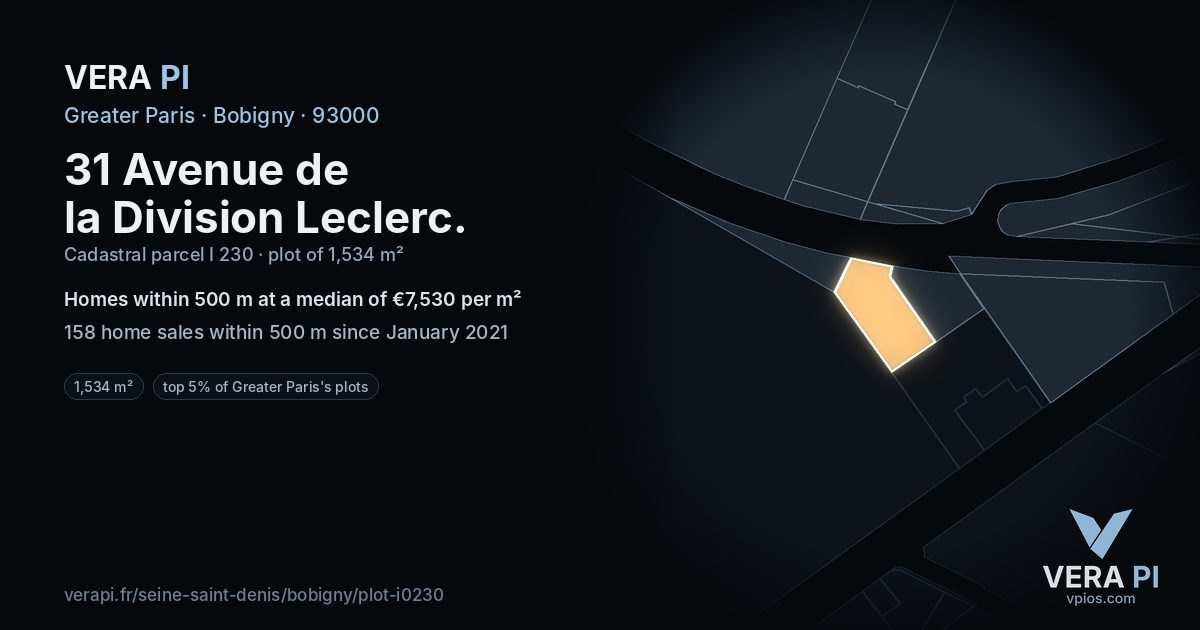 31 Avenue de la Division Leclerc, Bobigny at night – the plot lit, the parcels around coloured by the prices near them