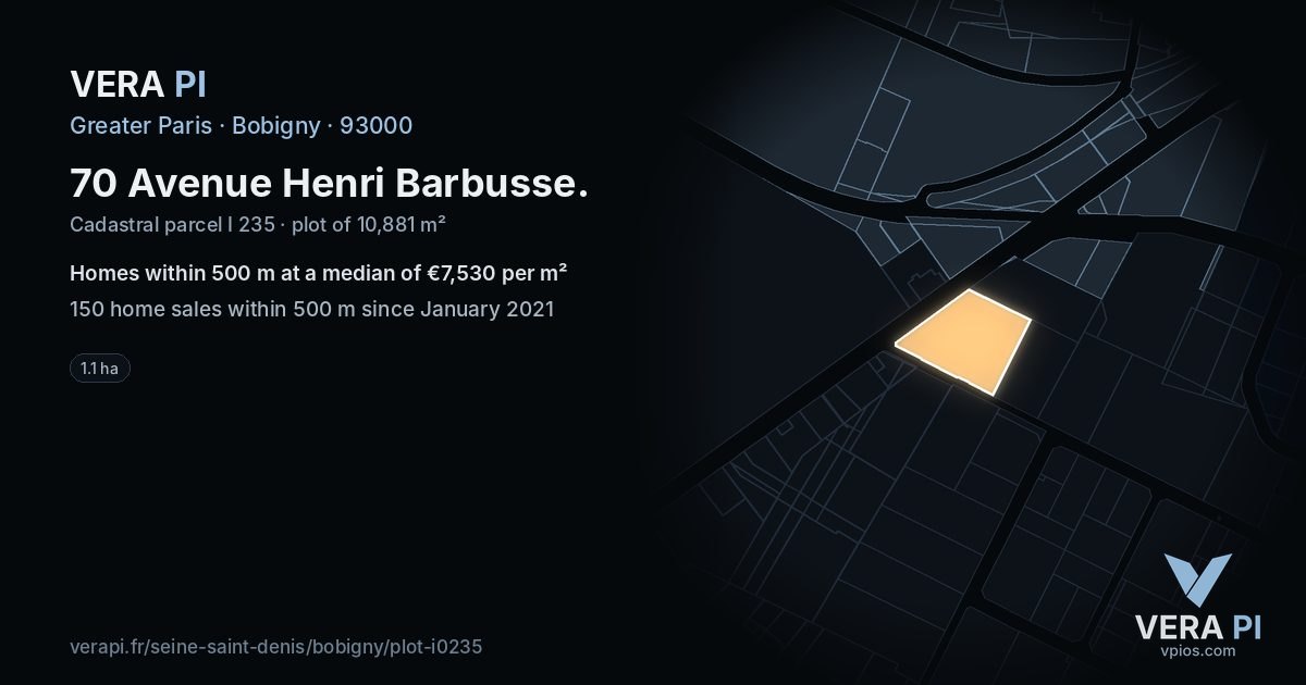 70 Avenue Henri Barbusse, Bobigny at night – the plot lit, the parcels around coloured by the prices near them