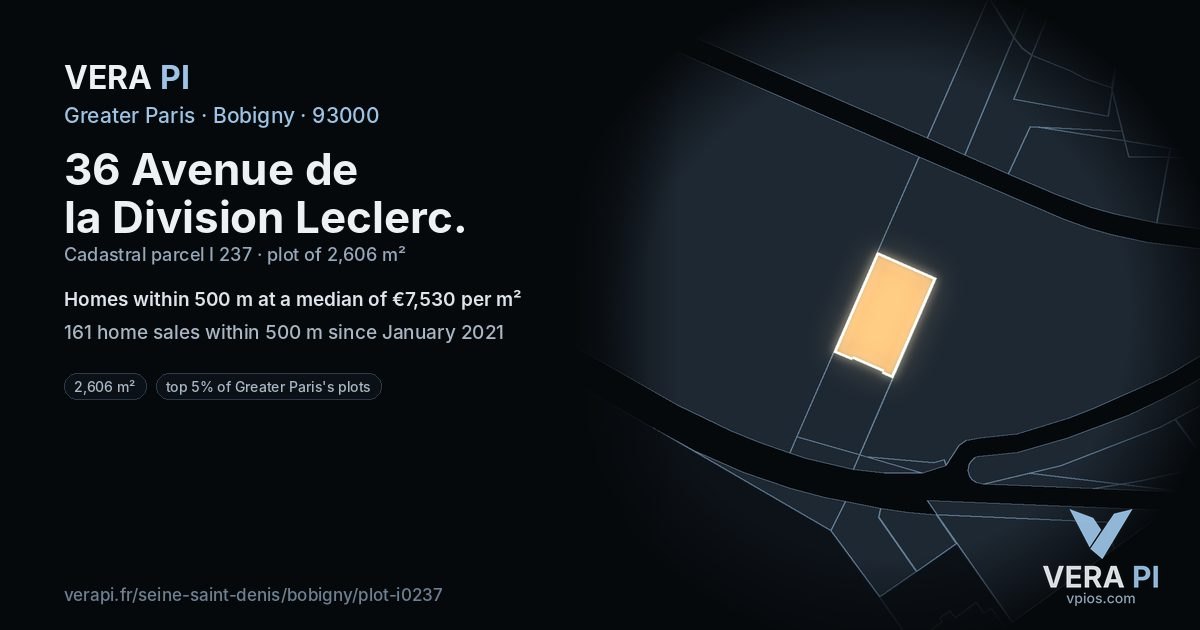 36 Avenue de la Division Leclerc, Bobigny at night – the plot lit, the parcels around coloured by the prices near them