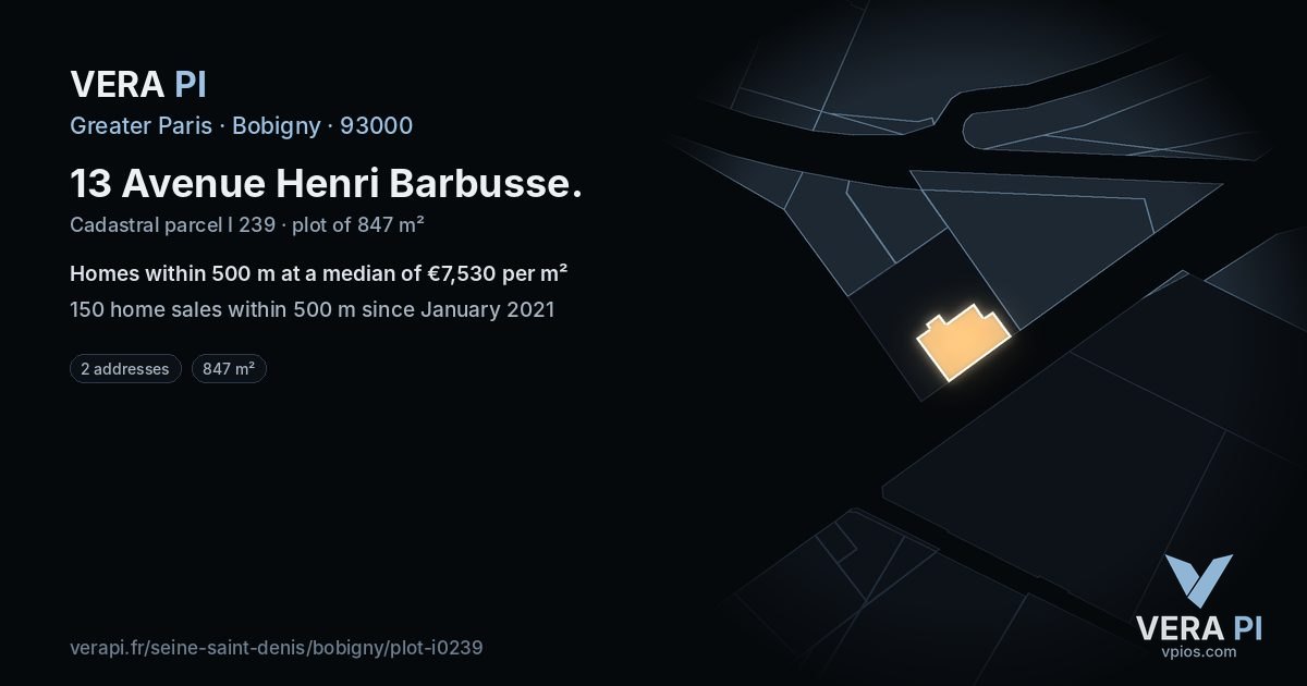 13 Avenue Henri Barbusse, Bobigny at night – the plot lit, the parcels around coloured by the prices near them