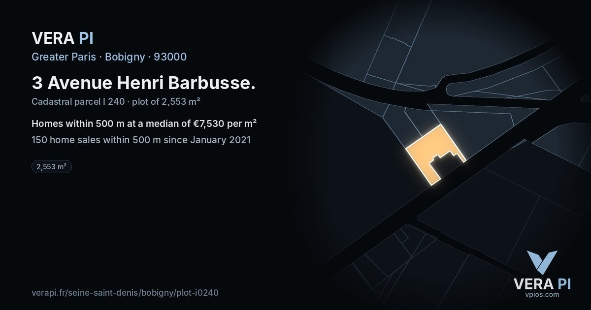 3 Avenue Henri Barbusse, Bobigny at night – the plot lit, the parcels around coloured by the prices near them