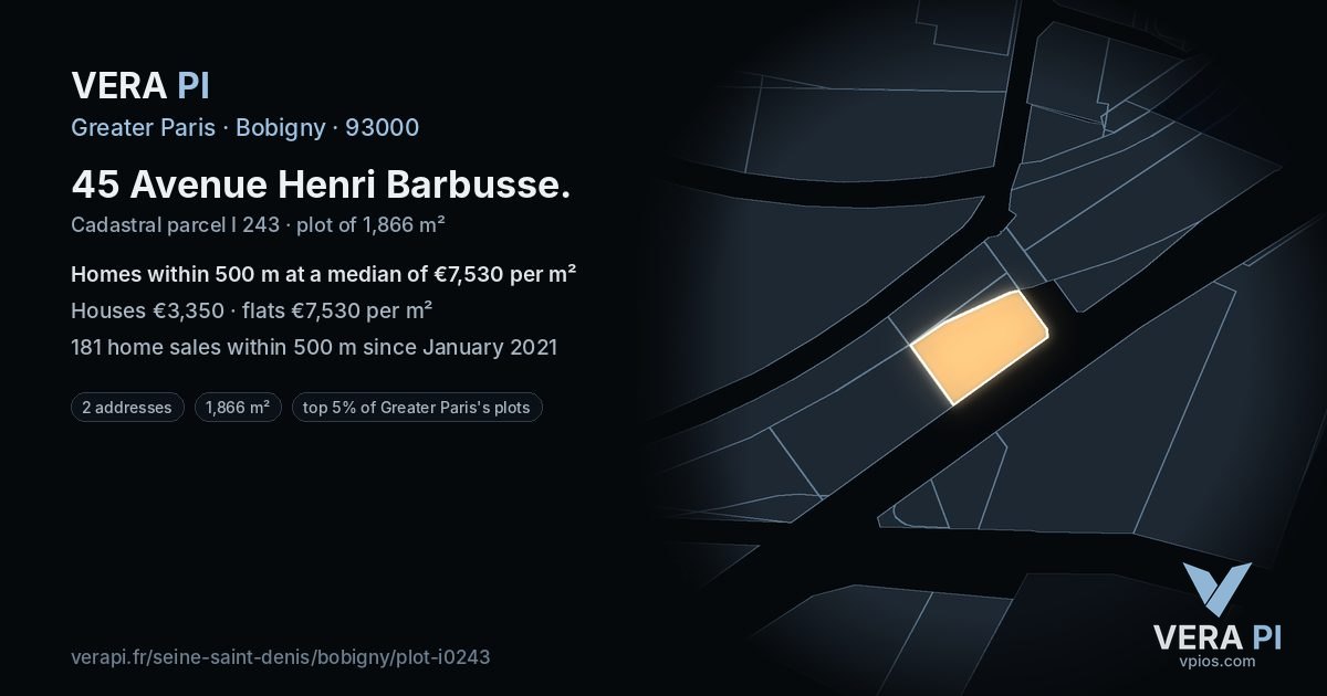 45 Avenue Henri Barbusse, Bobigny at night – the plot lit, the parcels around coloured by the prices near them
