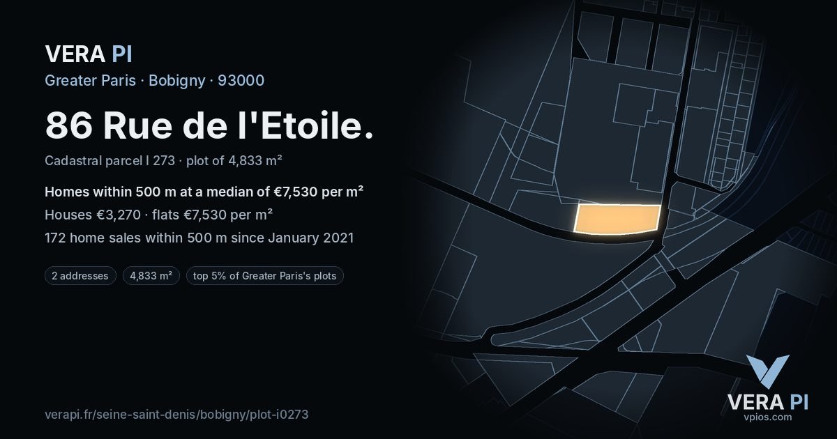 86 Rue de l'Etoile, Bobigny at night – the plot lit, the parcels around coloured by the prices near them