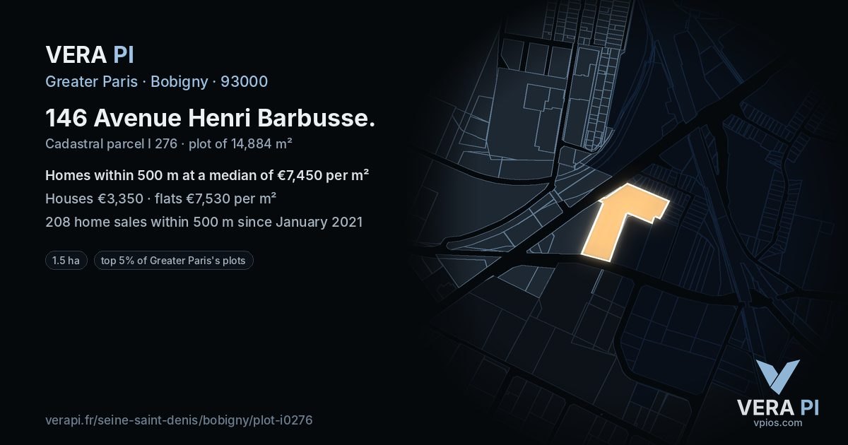 146 Avenue Henri Barbusse, Bobigny at night – the plot lit, the parcels around coloured by the prices near them