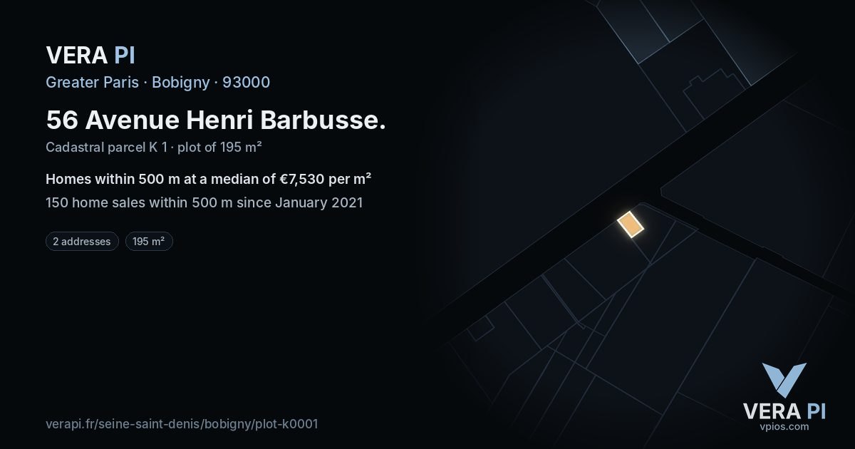 56 Avenue Henri Barbusse, Bobigny at night – the plot lit, the parcels around coloured by the prices near them