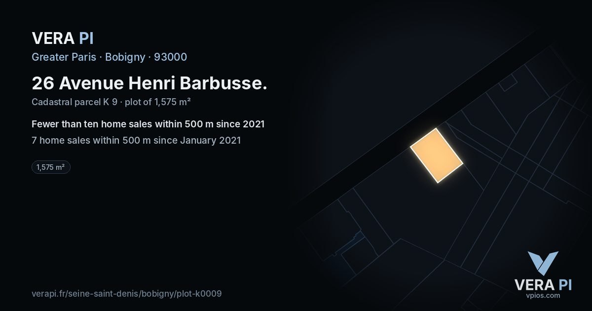 26 Avenue Henri Barbusse, Bobigny at night – the plot lit, the parcels around coloured by the prices near them