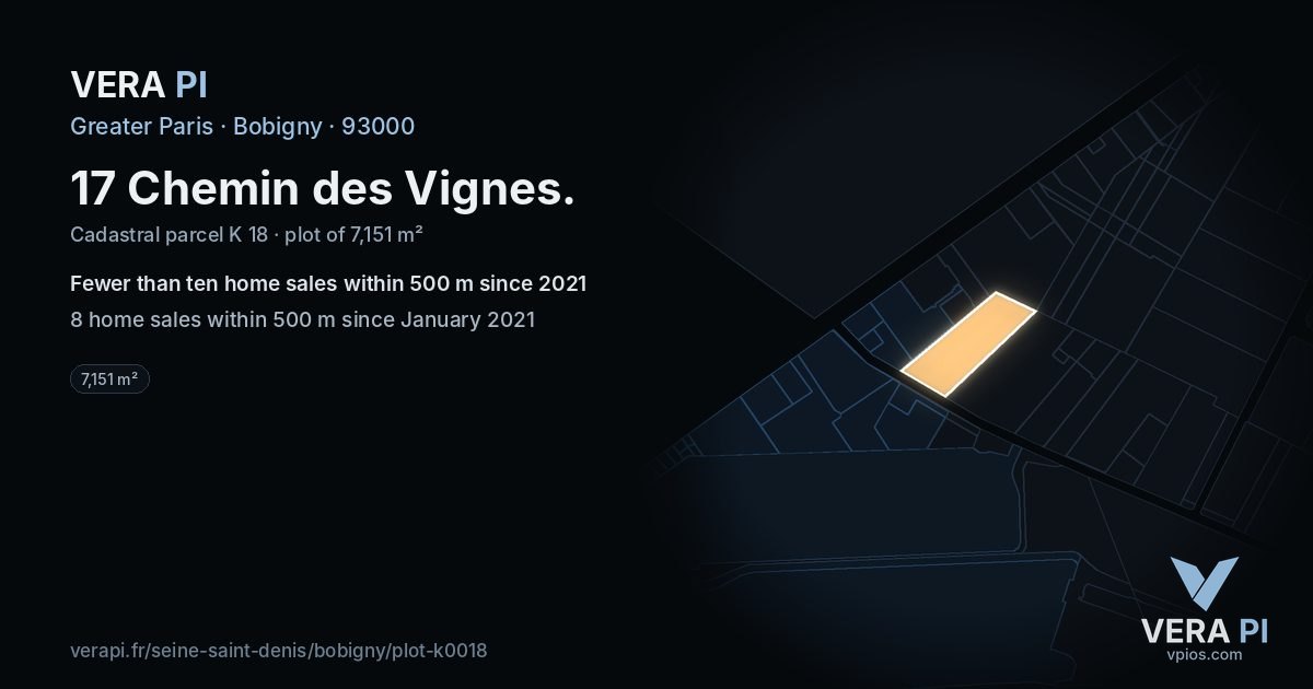 17 Chemin des Vignes, Bobigny at night – the plot lit, the parcels around coloured by the prices near them