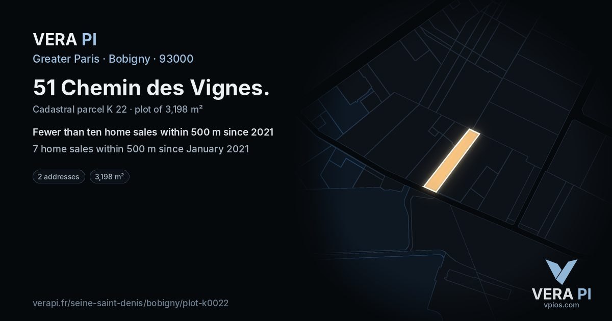 51 Chemin des Vignes, Bobigny at night – the plot lit, the parcels around coloured by the prices near them