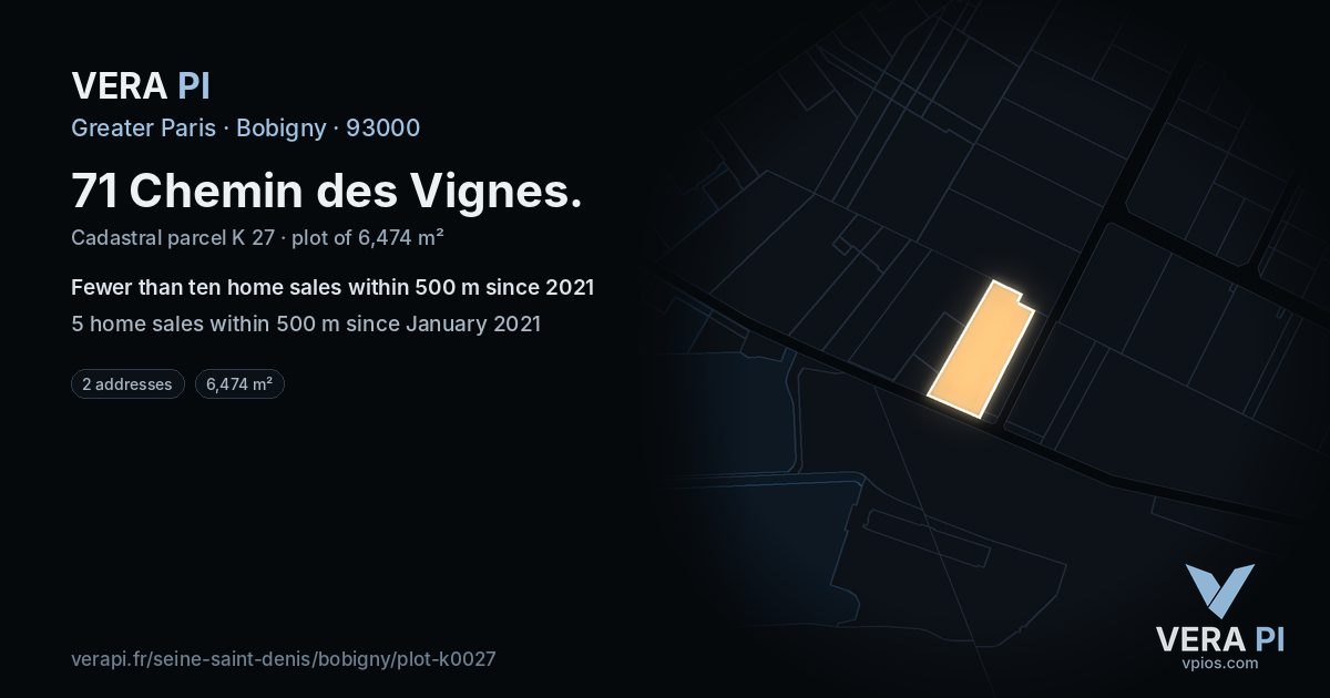 71 Chemin des Vignes, Bobigny at night – the plot lit, the parcels around coloured by the prices near them