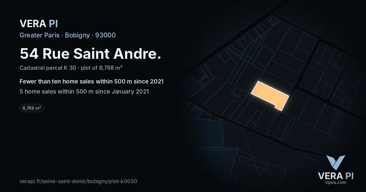 54 Rue Saint Andre, Bobigny at night – the plot lit, the parcels around coloured by the prices near them