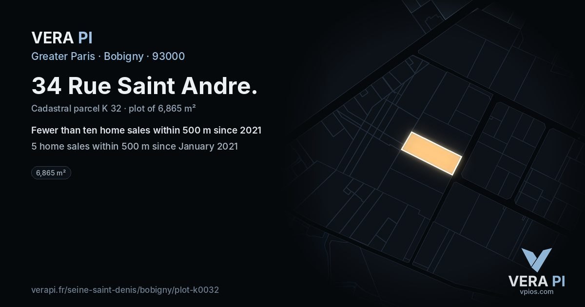 34 Rue Saint Andre, Bobigny at night – the plot lit, the parcels around coloured by the prices near them