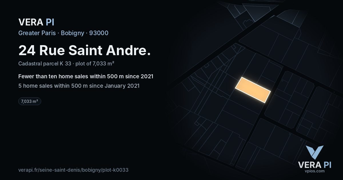 24 Rue Saint Andre, Bobigny at night – the plot lit, the parcels around coloured by the prices near them