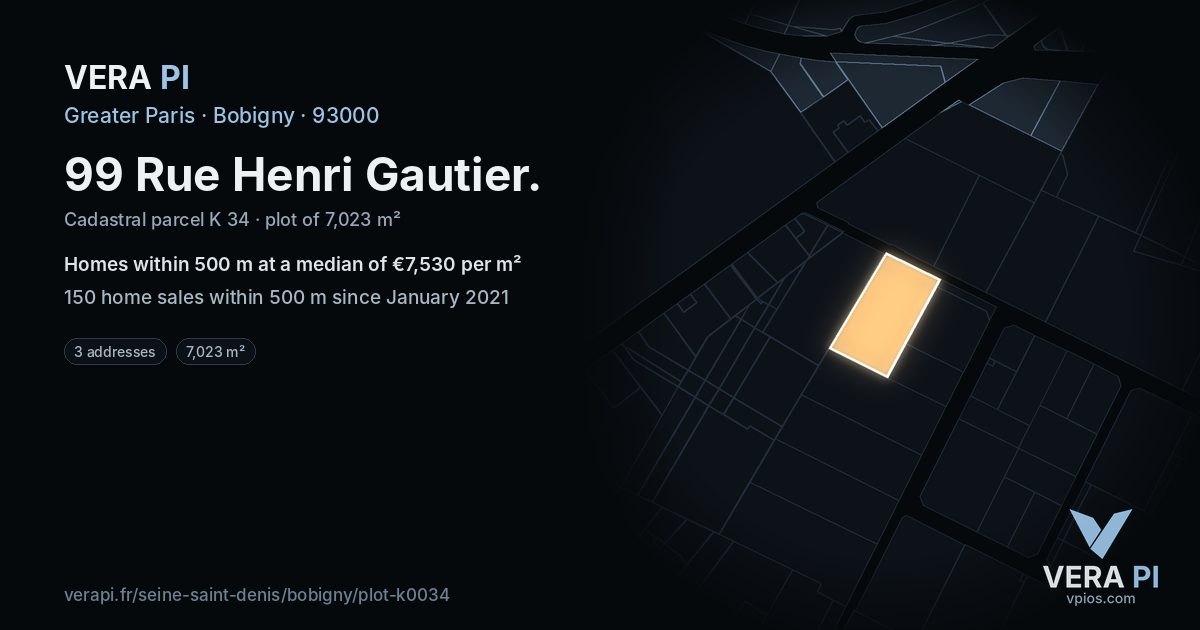 99 Rue Henri Gautier, Bobigny at night – the plot lit, the parcels around coloured by the prices near them