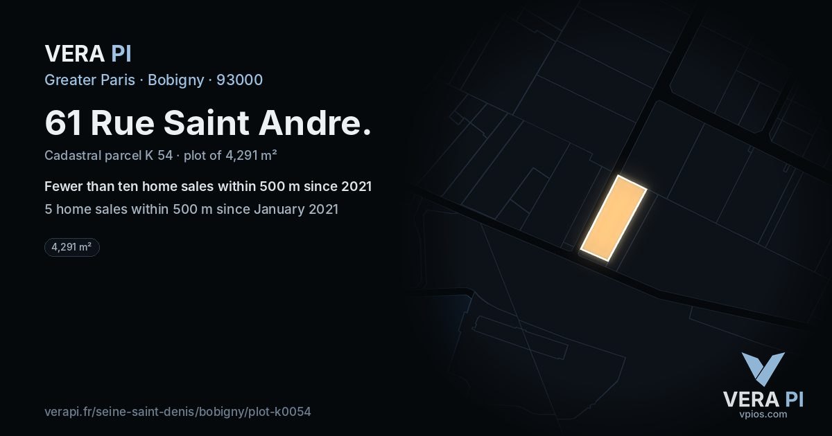 61 Rue Saint Andre, Bobigny at night – the plot lit, the parcels around coloured by the prices near them