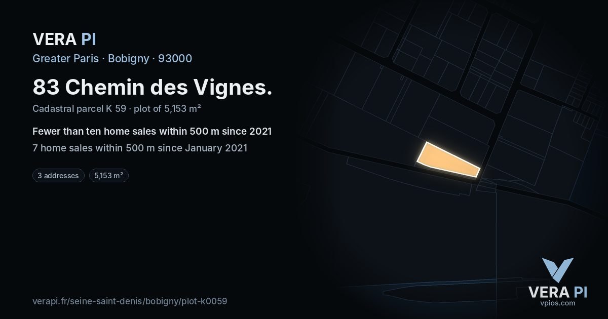 83 Chemin des Vignes, Bobigny at night – the plot lit, the parcels around coloured by the prices near them