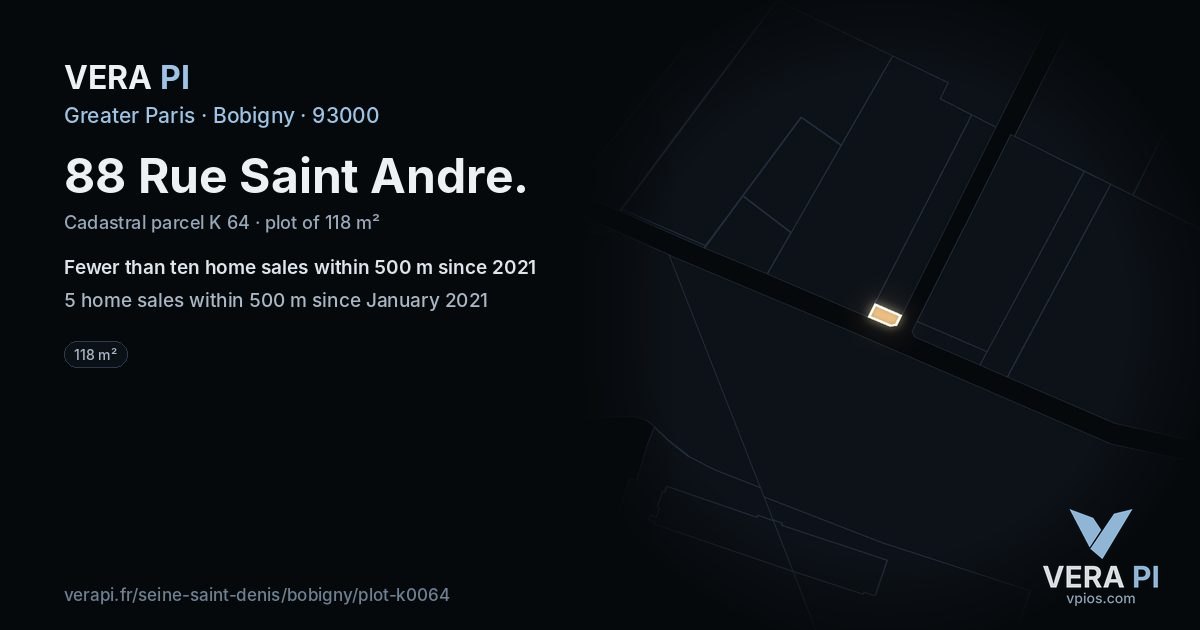 88 Rue Saint Andre, Bobigny at night – the plot lit, the parcels around coloured by the prices near them