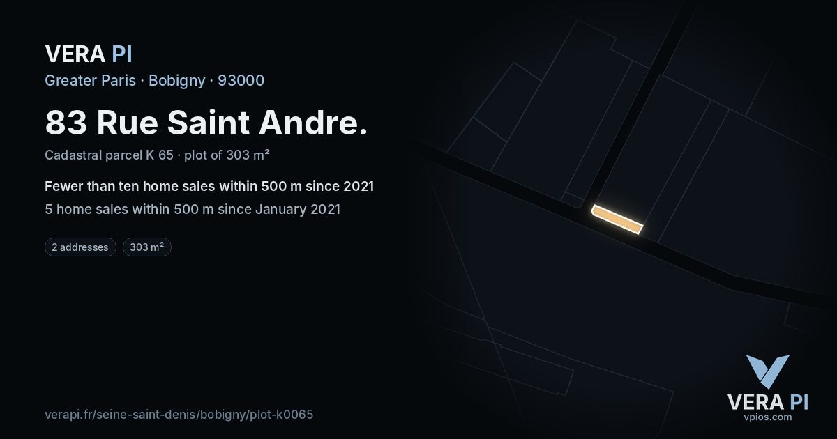 83 Rue Saint Andre, Bobigny at night – the plot lit, the parcels around coloured by the prices near them