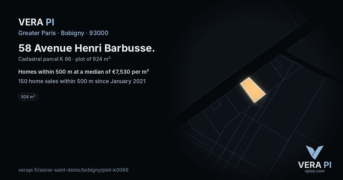 58 Avenue Henri Barbusse, Bobigny at night – the plot lit, the parcels around coloured by the prices near them