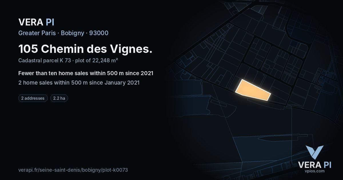105 Chemin des Vignes, Bobigny at night – the plot lit, the parcels around coloured by the prices near them