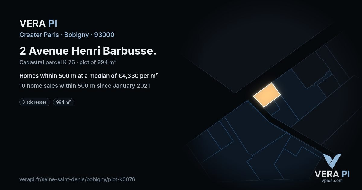 2 Avenue Henri Barbusse, Bobigny at night – the plot lit, the parcels around coloured by the prices near them