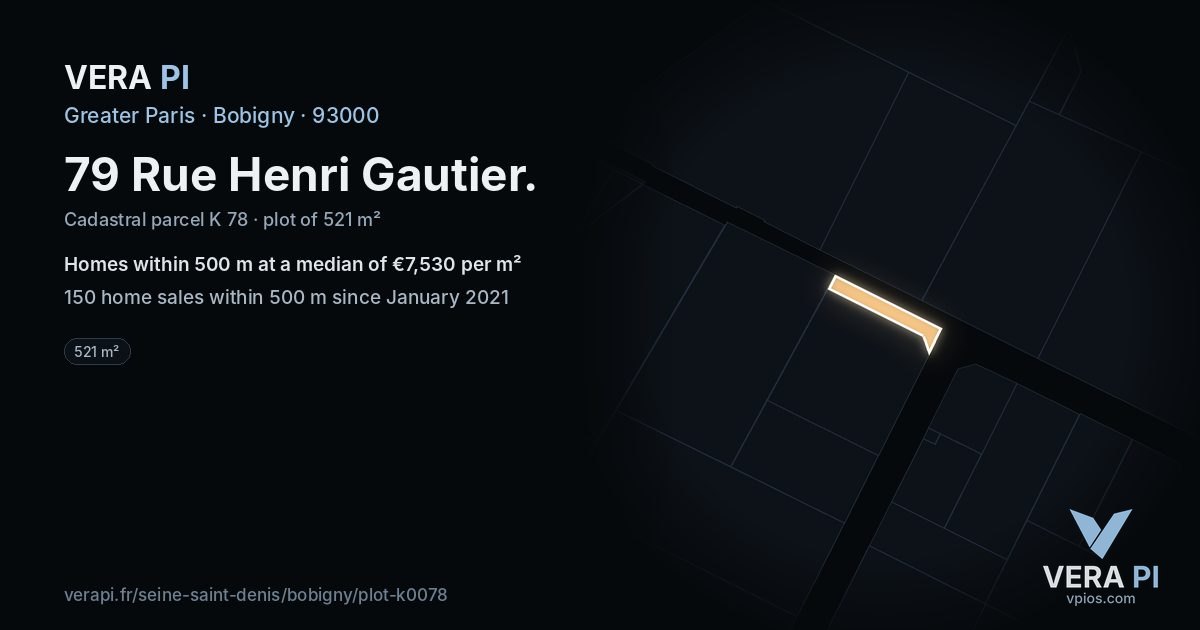 79 Rue Henri Gautier, Bobigny at night – the plot lit, the parcels around coloured by the prices near them