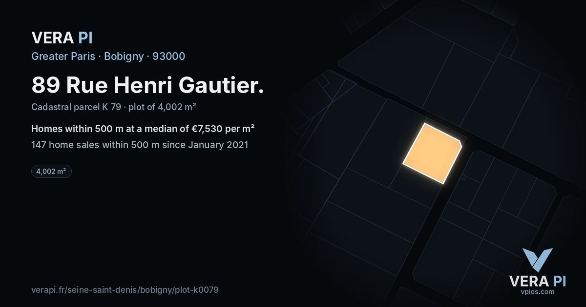 89 Rue Henri Gautier, Bobigny at night – the plot lit, the parcels around coloured by the prices near them