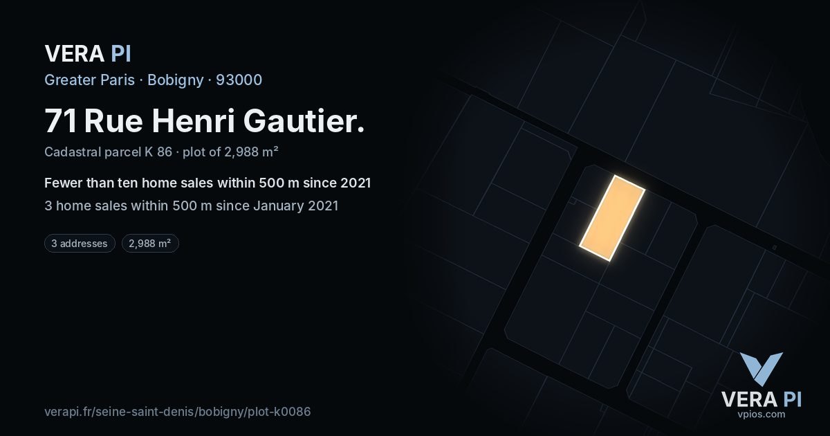 71 Rue Henri Gautier, Bobigny at night – the plot lit, the parcels around coloured by the prices near them