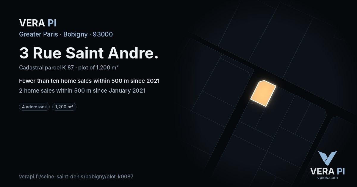 3 Rue Saint Andre, Bobigny at night – the plot lit, the parcels around coloured by the prices near them