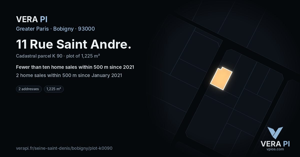 11 Rue Saint Andre, Bobigny at night – the plot lit, the parcels around coloured by the prices near them