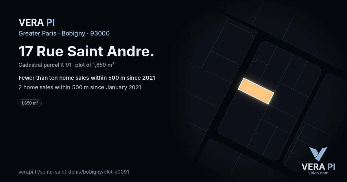 17 Rue Saint Andre, Bobigny at night – the plot lit, the parcels around coloured by the prices near them