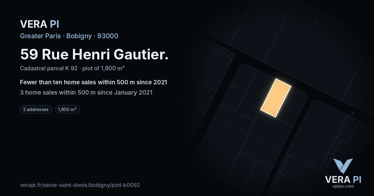 59 Rue Henri Gautier, Bobigny at night – the plot lit, the parcels around coloured by the prices near them