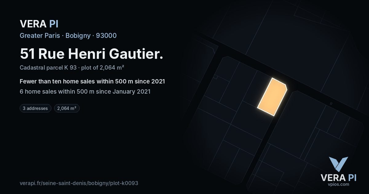 51 Rue Henri Gautier, Bobigny at night – the plot lit, the parcels around coloured by the prices near them