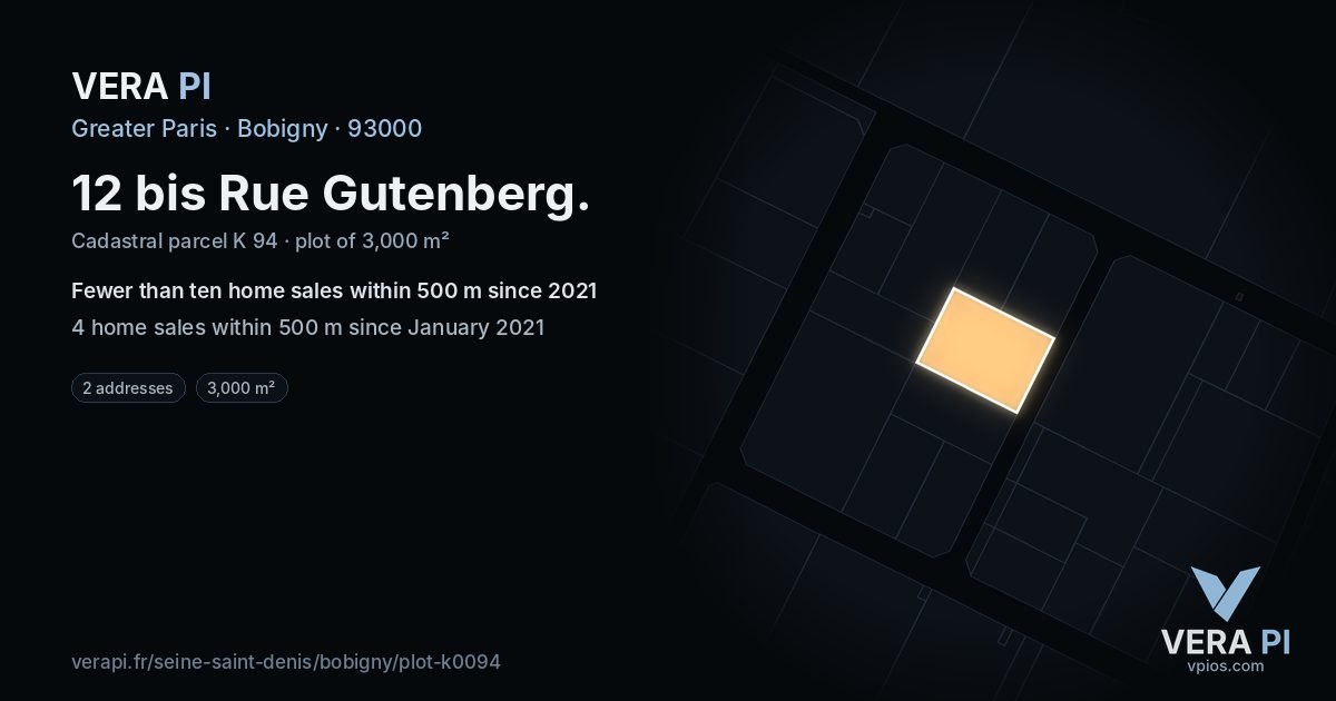 12 bis Rue Gutenberg, Bobigny at night – the plot lit, the parcels around coloured by the prices near them
