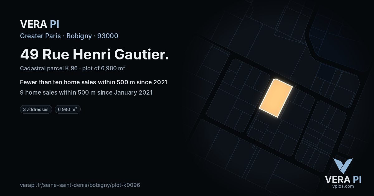 49 Rue Henri Gautier, Bobigny at night – the plot lit, the parcels around coloured by the prices near them