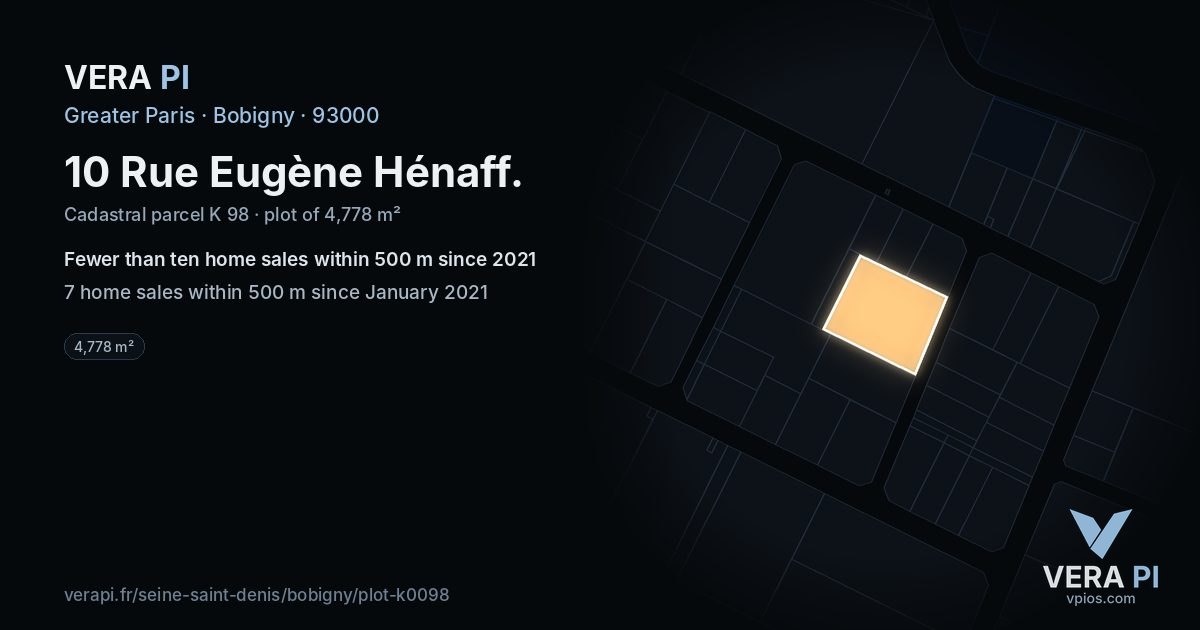 10 Rue Eugène Hénaff, Bobigny at night – the plot lit, the parcels around coloured by the prices near them