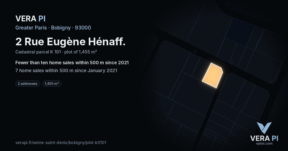 2 Rue Eugène Hénaff, Bobigny at night – the plot lit, the parcels around coloured by the prices near them
