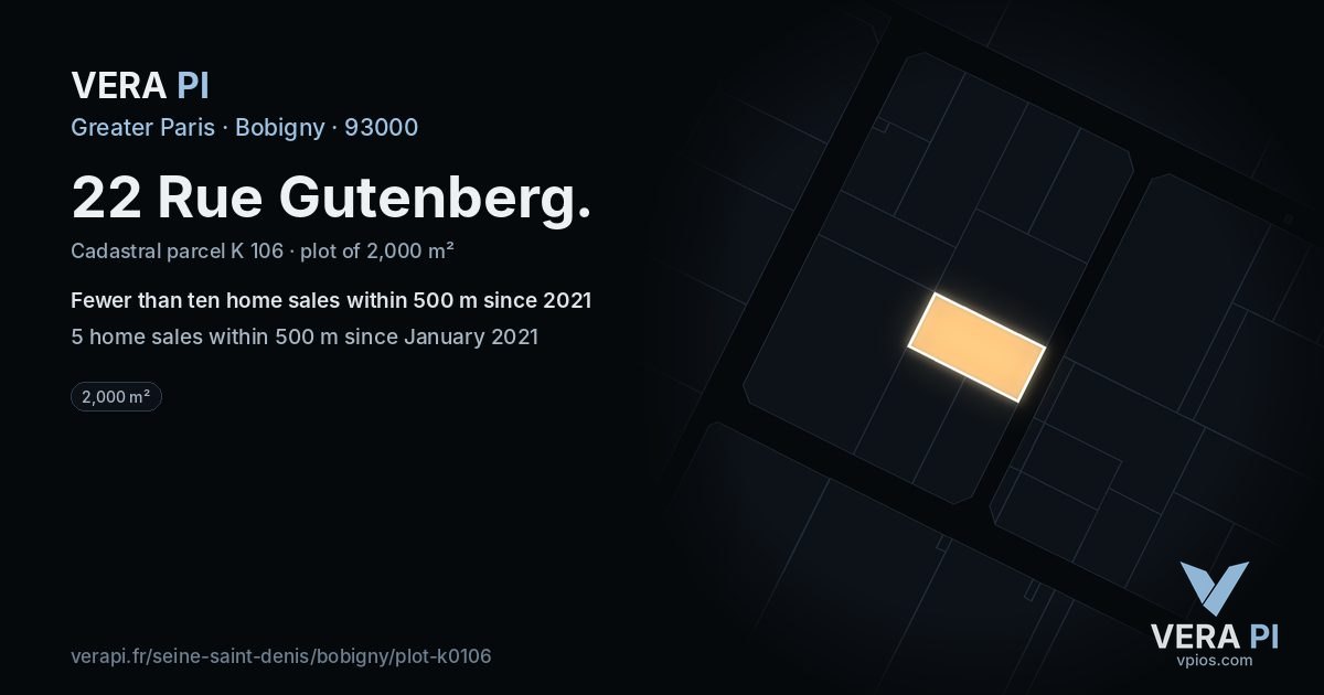 22 Rue Gutenberg, Bobigny at night – the plot lit, the parcels around coloured by the prices near them