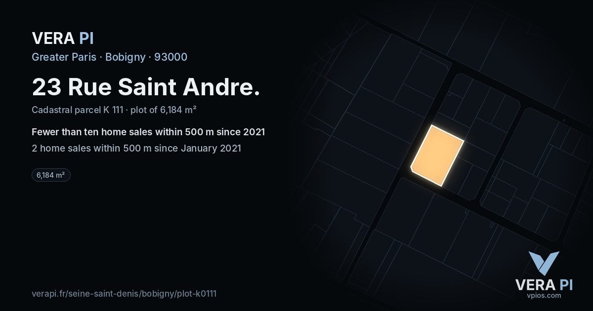 23 Rue Saint Andre, Bobigny at night – the plot lit, the parcels around coloured by the prices near them