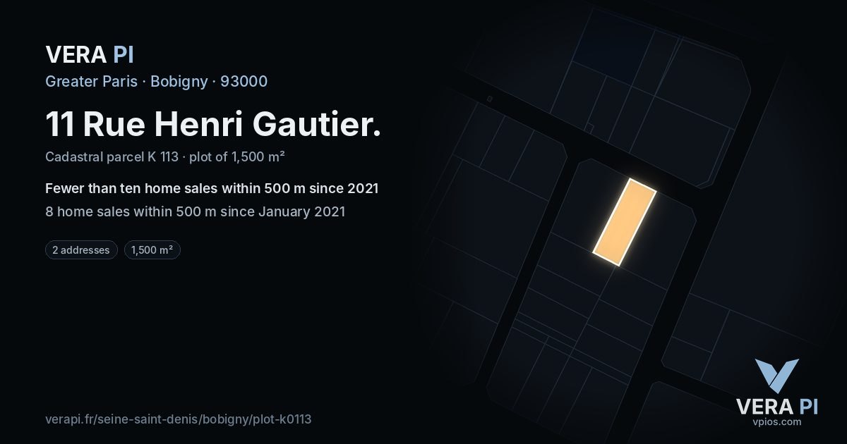 11 Rue Henri Gautier, Bobigny at night – the plot lit, the parcels around coloured by the prices near them