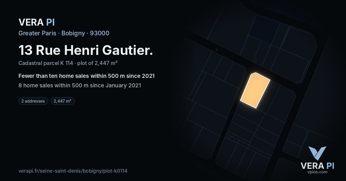 13 Rue Henri Gautier, Bobigny at night – the plot lit, the parcels around coloured by the prices near them