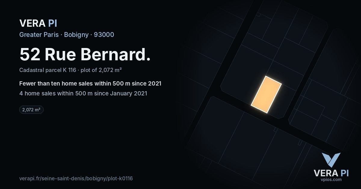 52 Rue Bernard, Bobigny at night – the plot lit, the parcels around coloured by the prices near them