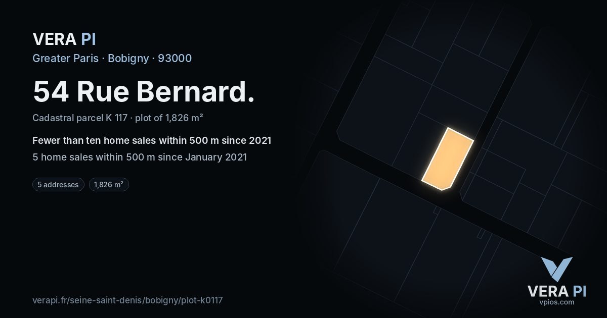 54 Rue Bernard, Bobigny at night – the plot lit, the parcels around coloured by the prices near them