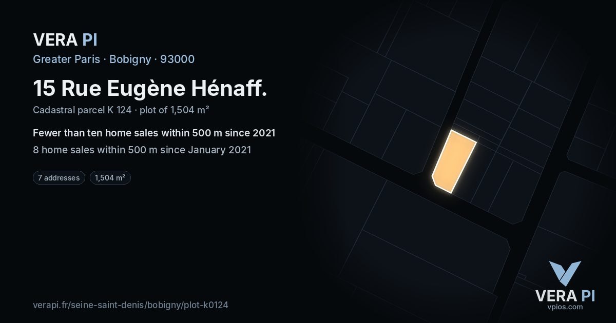 15 Rue Eugène Hénaff, Bobigny at night – the plot lit, the parcels around coloured by the prices near them