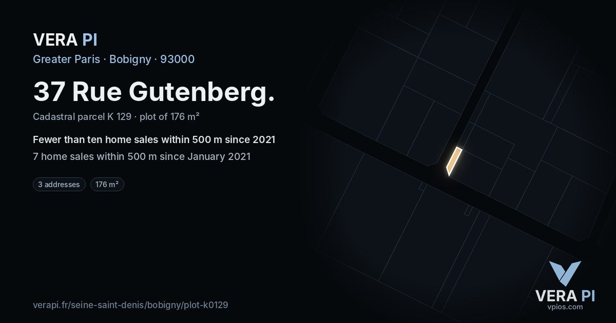 37 Rue Gutenberg, Bobigny at night – the plot lit, the parcels around coloured by the prices near them