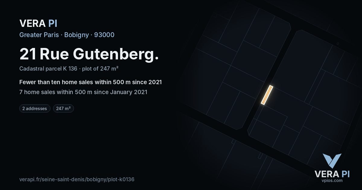 21 Rue Gutenberg, Bobigny at night – the plot lit, the parcels around coloured by the prices near them