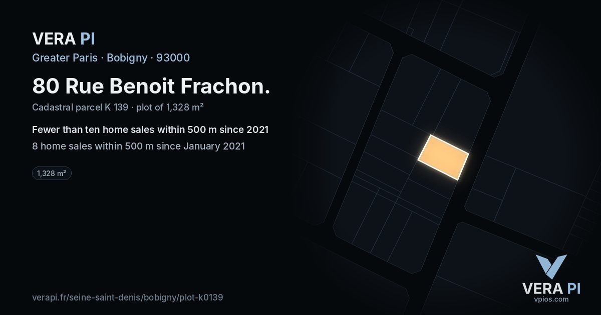 80 Rue Benoit Frachon, Bobigny at night – the plot lit, the parcels around coloured by the prices near them