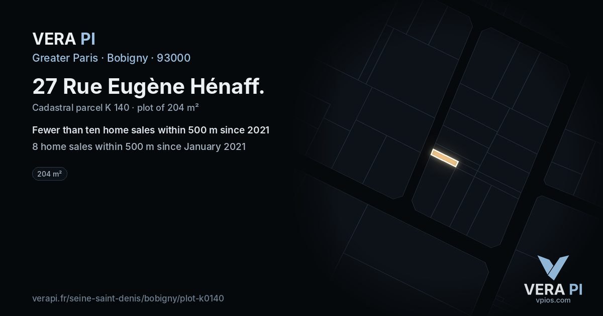 27 Rue Eugène Hénaff, Bobigny at night – the plot lit, the parcels around coloured by the prices near them