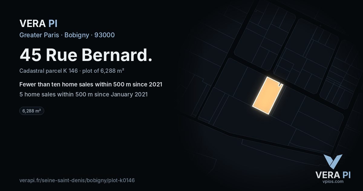 45 Rue Bernard, Bobigny at night – the plot lit, the parcels around coloured by the prices near them
