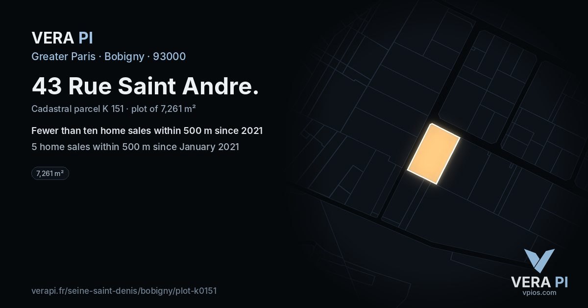 43 Rue Saint Andre, Bobigny at night – the plot lit, the parcels around coloured by the prices near them