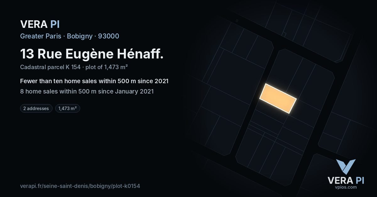 13 Rue Eugène Hénaff, Bobigny at night – the plot lit, the parcels around coloured by the prices near them